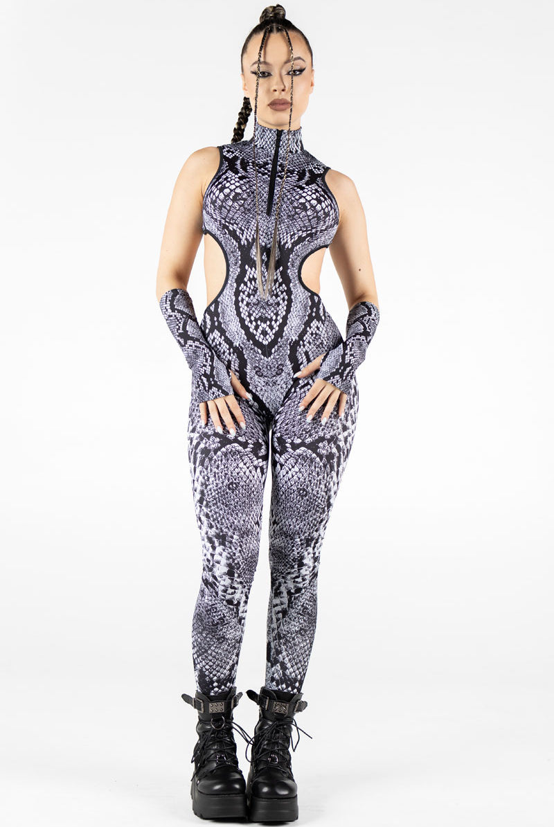 Grey Snakeskin Cut Out Catsuit Front View