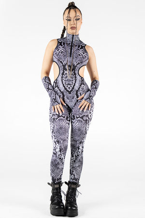 Grey Snakeskin Cut Out Catsuit Front View