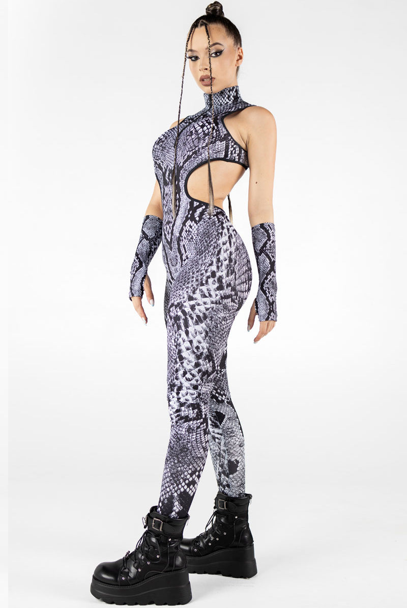 Grey Snakeskin Cut Out Catsuit Side View