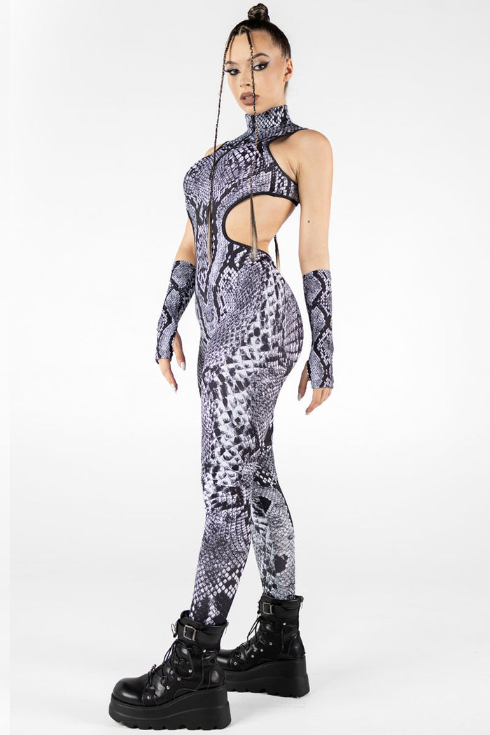Rave Outfit Grey Snakeskin Cut Out Catsuit Side View