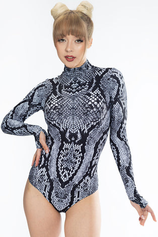 Rave Outfit Grey Snakeskin Long Sleeved Bodysuit Close View