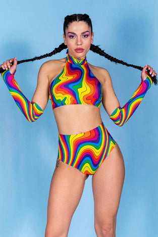 Rave Outfit Groovy Unicorn Booty Shorts Set Front View