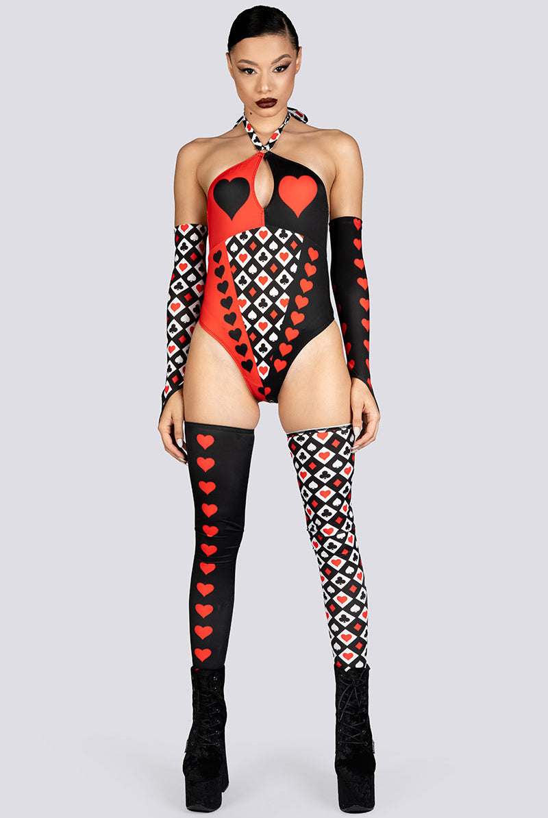 Heartless Queen Halter Cut Out Bodysuit Rave Halloween Costume Women