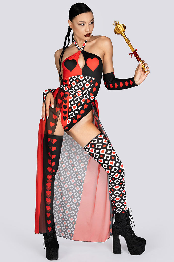 Heartless Queen Halter Cut Out Bodysuit Rave Halloween Costume