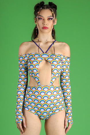Rave Outfit Heavenly Sky Off Shoulder Cutout Bodysuit Front View