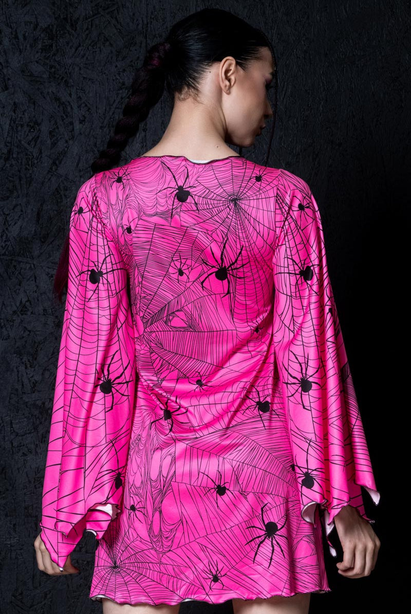 Hot Pink Spiderwebs Bell Sleeve Dress for Halloween | Devil Walking Hot Pink Spiderwebs Bell Sleeve Dress for Halloween | Devil Walking