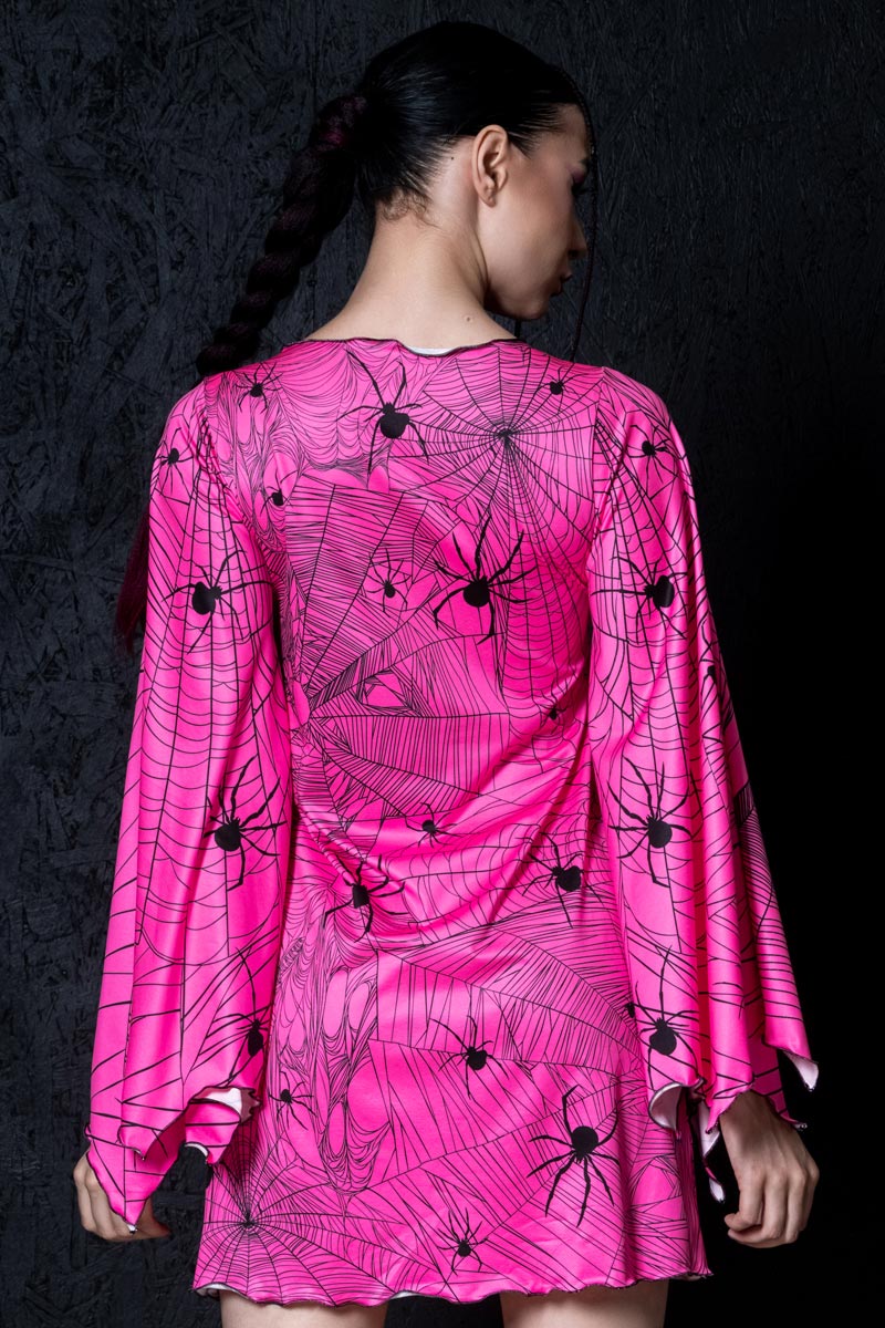 Hot Pink Spiderwebs Bell Sleeve Dress Back View