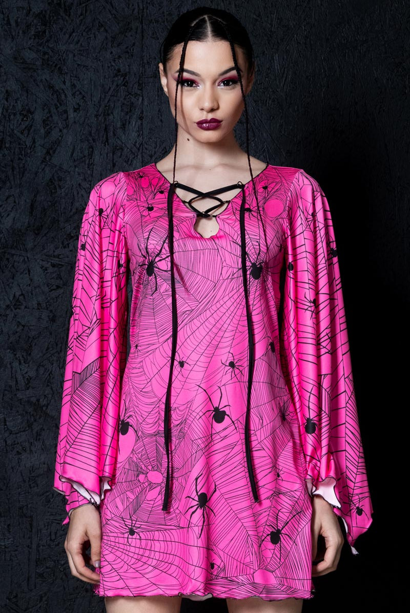 Hot Pink Spiderwebs Bell Sleeve Dress Front View