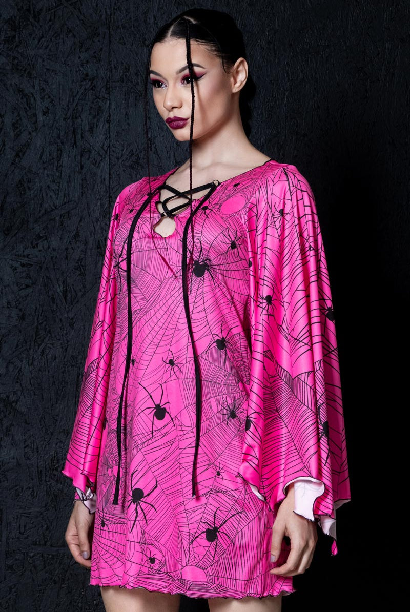 Hot Pink Spiderwebs Bell Sleeve Dress Hot Pink Spiderwebs Bell Sleeve Dress