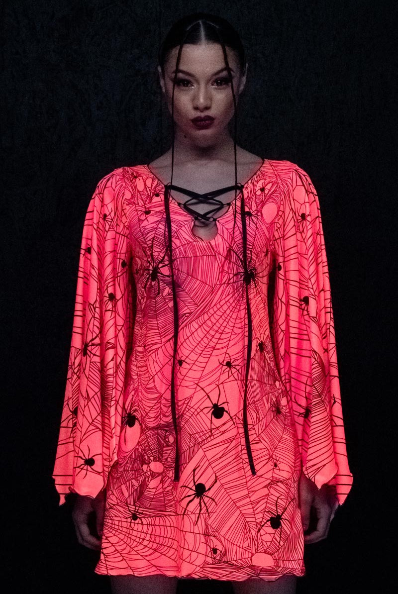 Hot Pink Spiderwebs Bell Sleeve Dress UV Front View