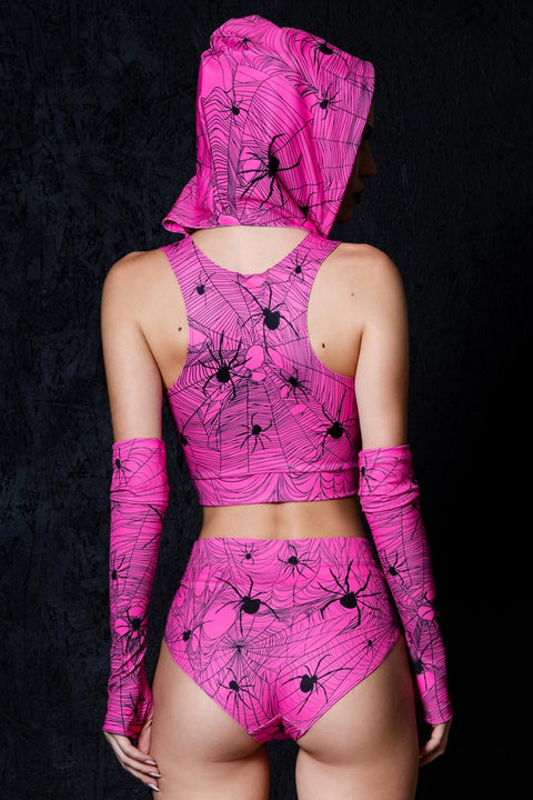 Rave Outfit Hot Pink Spiderwebs Booty Shorts Set Back View