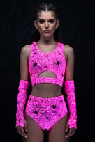 Rave Outfit Hot Pink Spiderwebs Booty Shorts Set Uv Front View