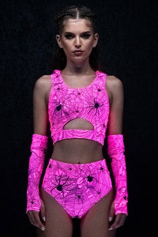 Rave Outfit Hot Pink Spiderwebs Booty Shorts Set Uv Front View