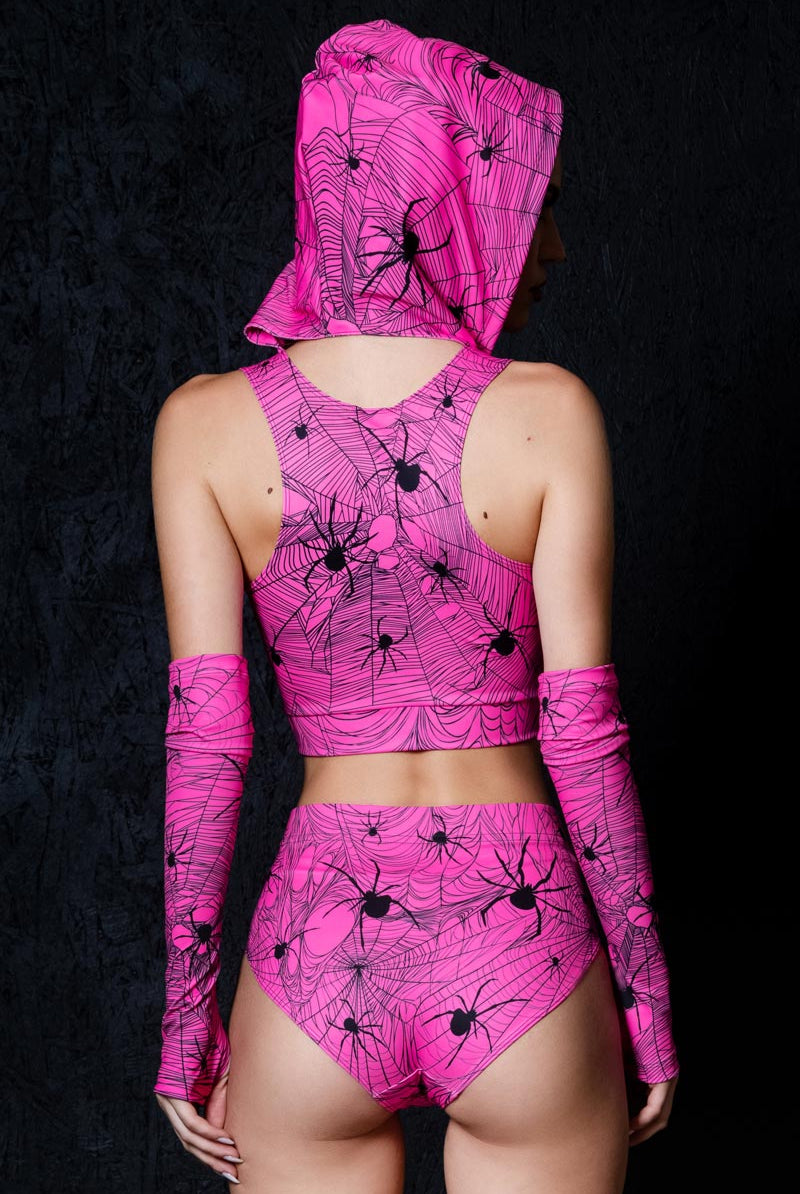 Hot Pink Spiderwebs Hooded Cut Out Crop Top Back View