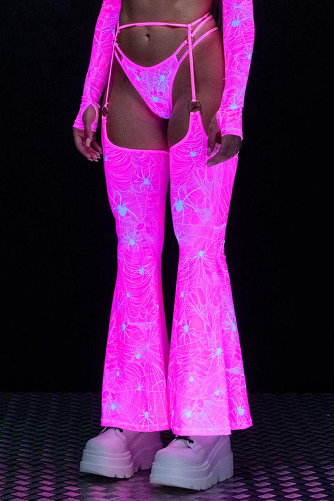 Rave Outfit Hot Pink Spiderwebs O Ring Chaps Set Uv Side View