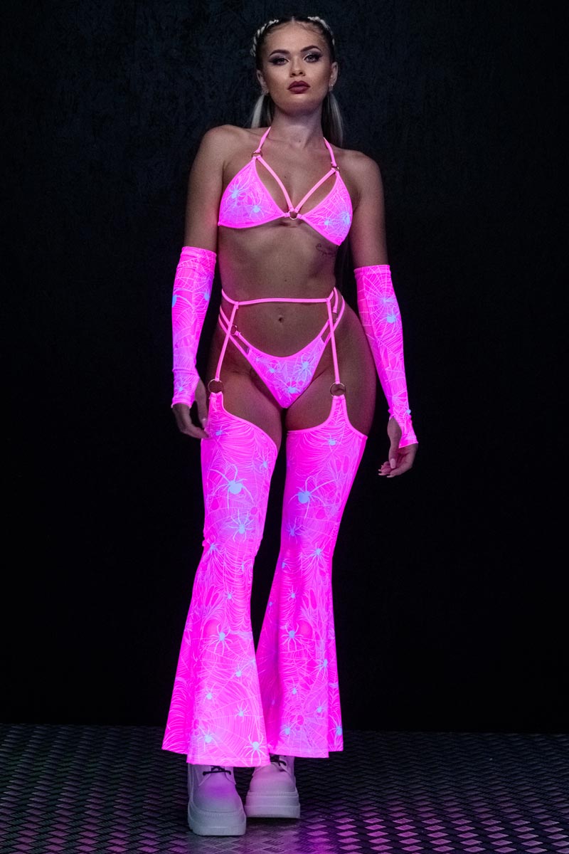 Hot Pink Spiderwebs O-Ring Chaps UV Full View