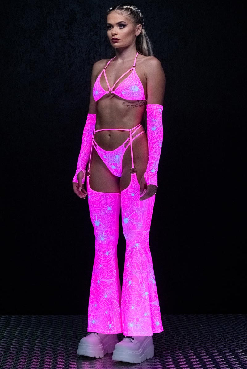 Hot Pink Spiderwebs O-Ring Chaps UV Side View