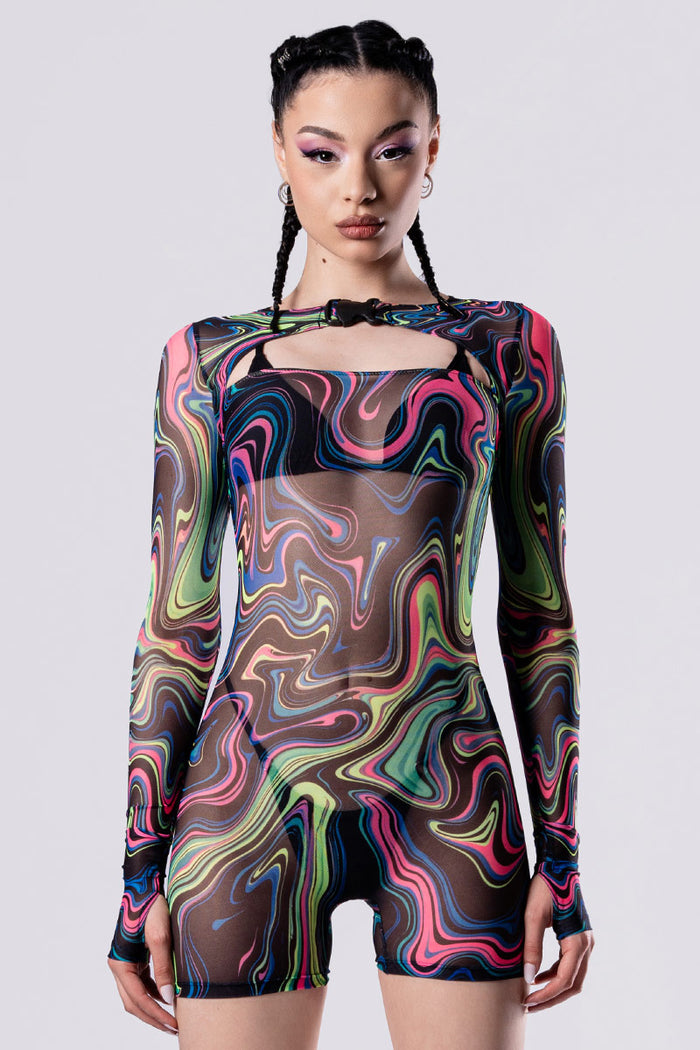 Rave Outfit Hypno Dancer Long Sleeve Romper Close Front View