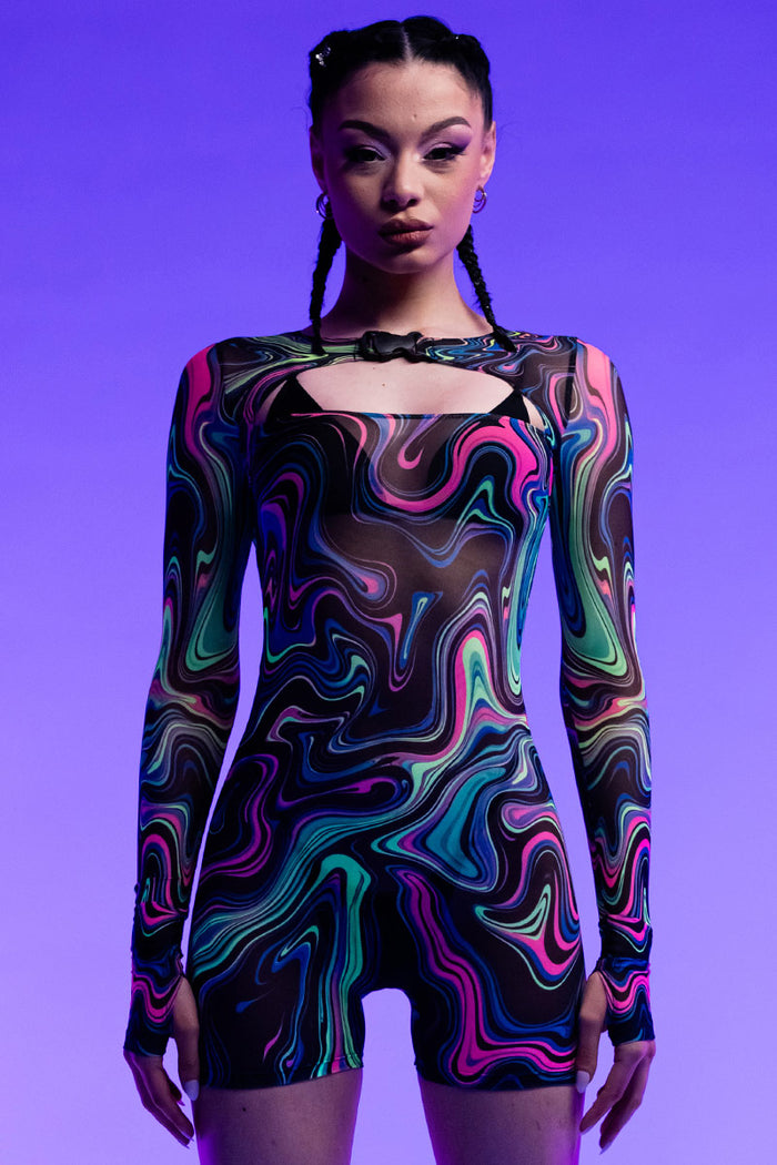 Rave Outfit Hypno Dancer Long Sleeve Romper Uv Close Front View
