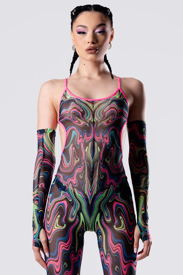 Rave Outfit Hypno Dancer Open Back Jumpsuit Close Front View