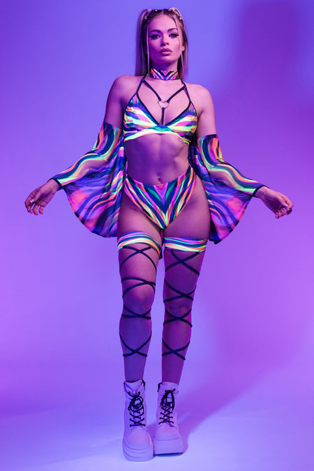Rave Outfit Hypno Fairy High Cut Booty Shorts Set Front View Uv