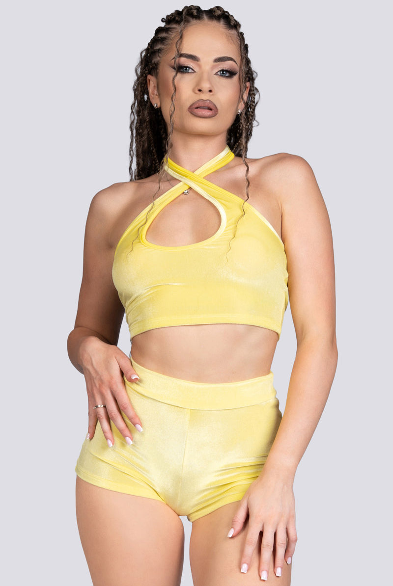 Lemon Twist Velvet Criss Cross Halter Top - Pole Wear