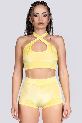 Lemon Twist Velvet Criss Cross Halter Top - Stripper Outfit