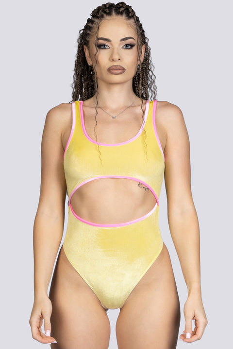 Lemon Twist Velvet Cut Out Thong Bodysuit Stripper Outfit