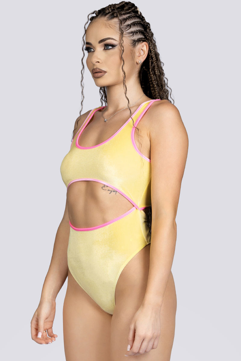 Lemon Twist Velvet Cut Out Thong Bodysuit Pole Wear