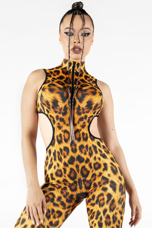 Rave Outfit Leopard Cut Out Catsuit Close View