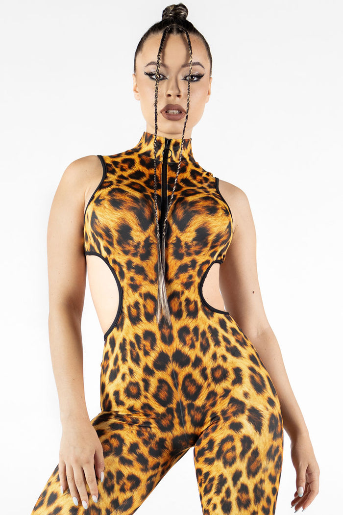 Rave Outfit Leopard Cut Out Catsuit Close View