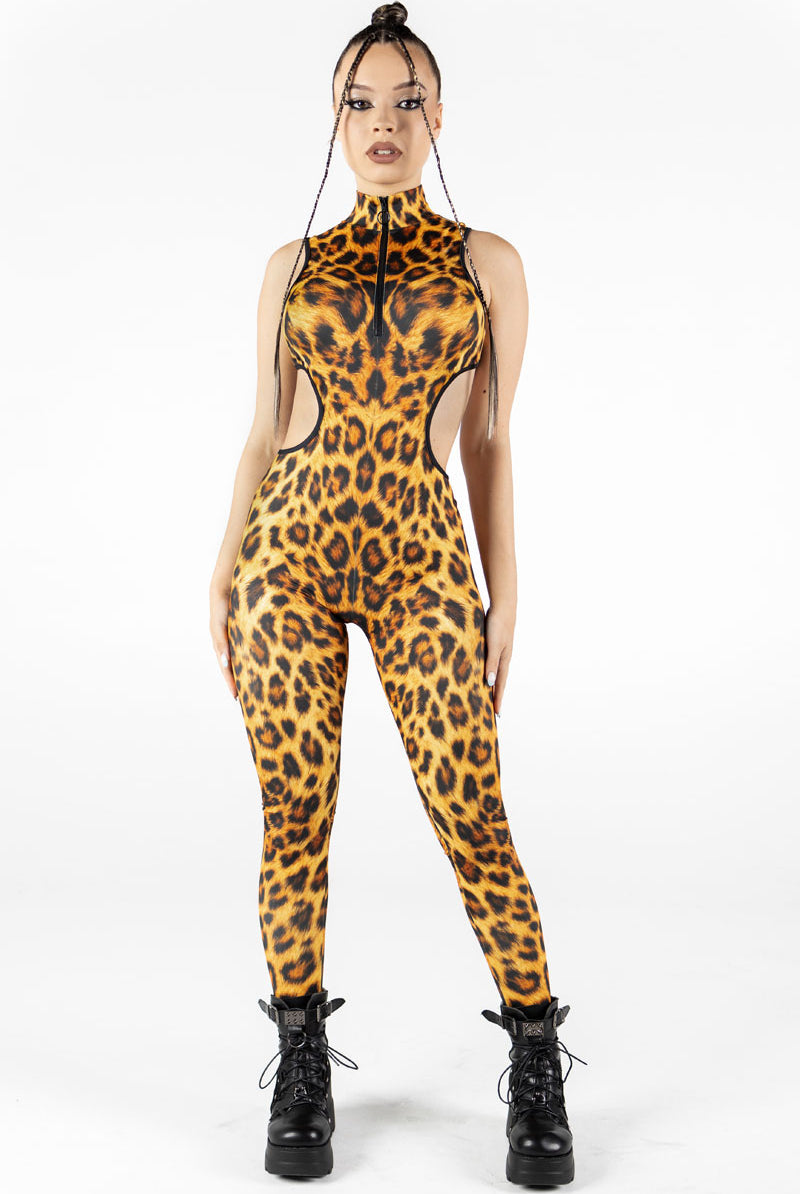 Leopard Cut Out Catsuit Front View