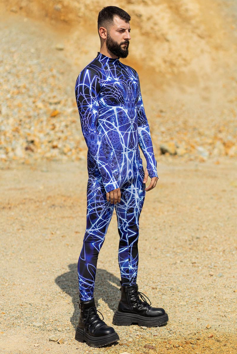 rave dress men Men's Lightning One Piece Rave Costume in Blue & Black