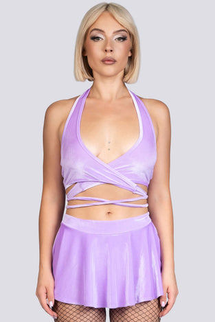 Lilac Dream Halter Wrap Top - Purple Velvet Stripper Outfit