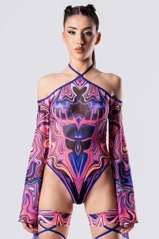Rave Outfit Liquid Shapeshifter Bell Sleeve Bodysuit Close Front View