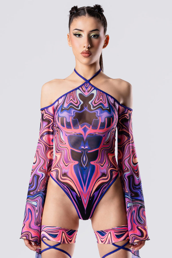 Rave Outfit Liquid Shapeshifter Bell Sleeve Bodysuit Close Front View