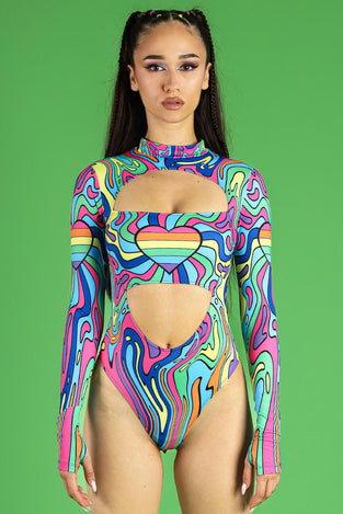 Rave Outfit Love Doodles Cut Out Long Sleeved Bodysuit Front View