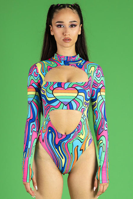 Rave Outfit Love Doodles Cut Out Long Sleeved Bodysuit Front View