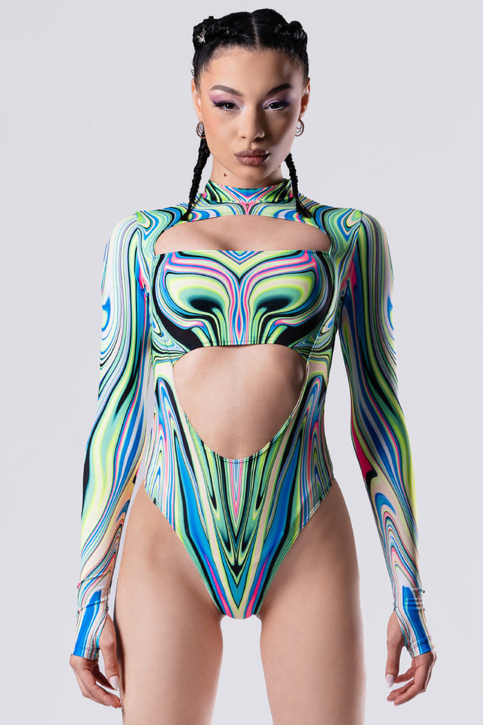 Rave Outfit Lucid Lush Long Sleeve Bodysuit Close Front View