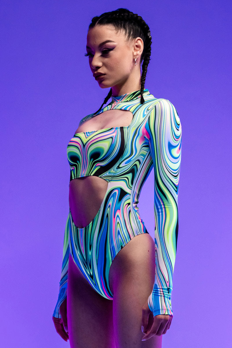 Lucid Lush Long Sleeve Cut Out Rave Bodysuit in Green | Devil Walking