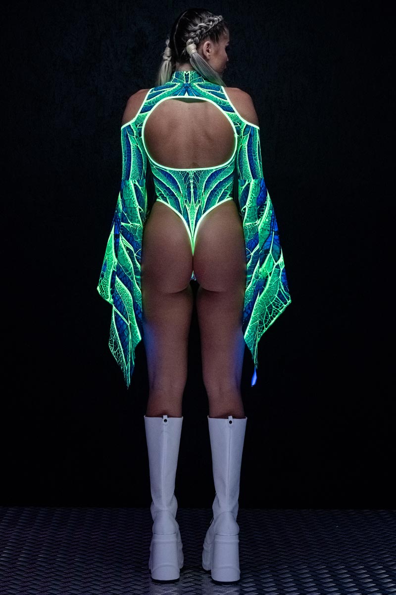 Luminous Fairy Cut Out Flare Sleeve Thong Bodysuit Devil Walking