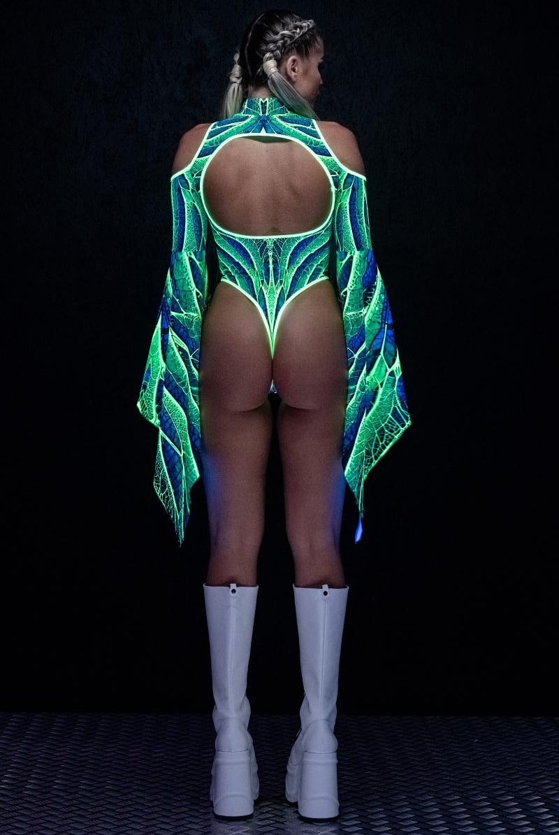Luminous Fairy Cut Out Flare Sleeve Thong Bodysuit UV Back View