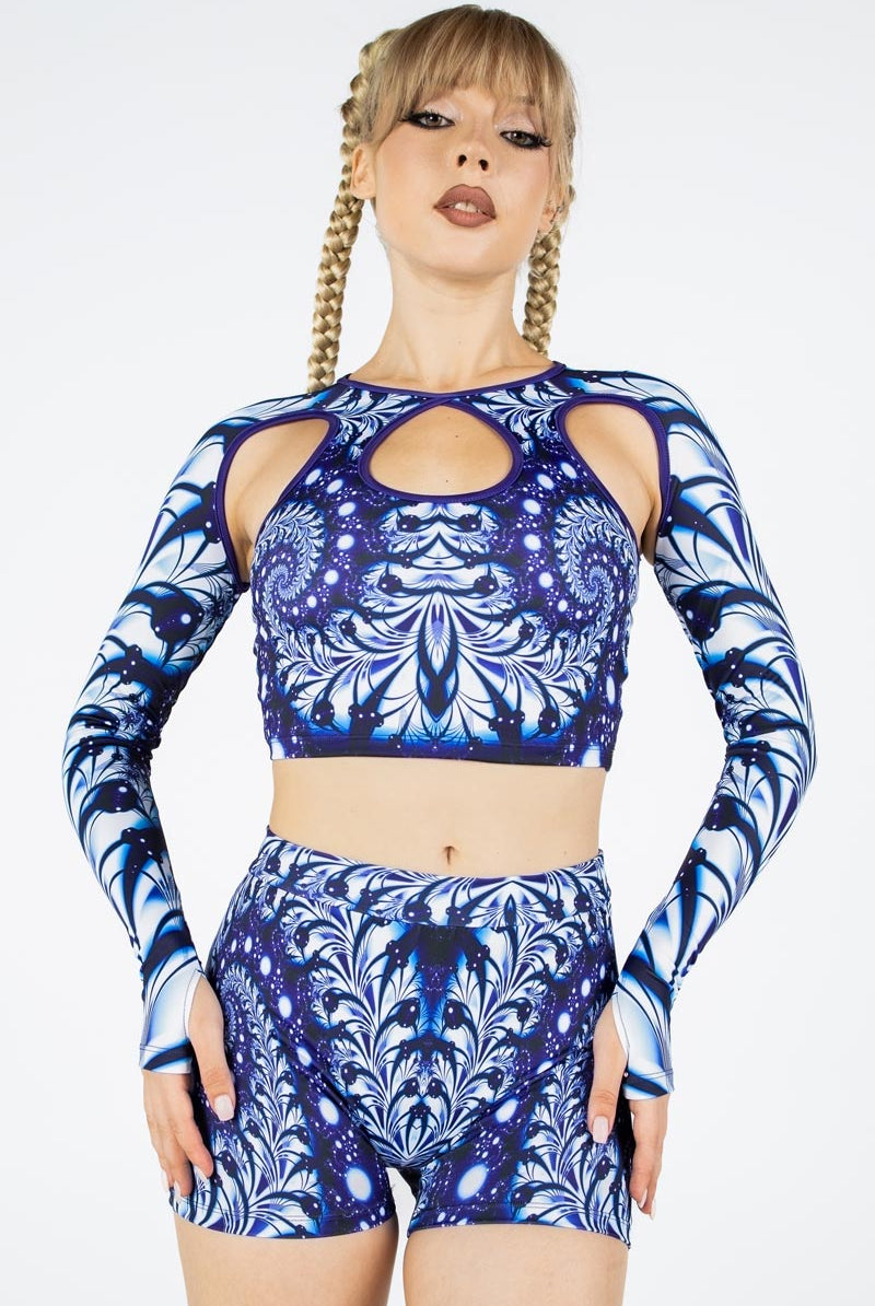 Lunar Blossom Cut Out Long Sleeve Crop Top Front View