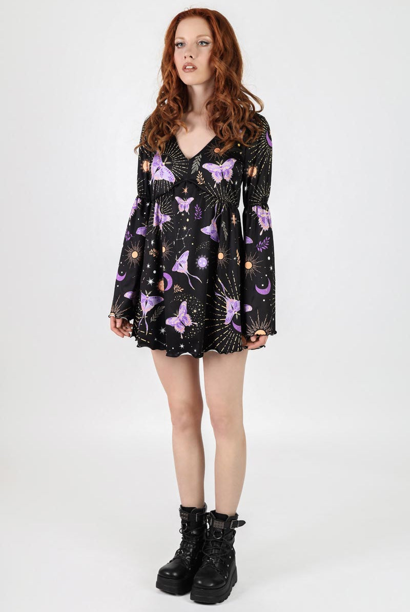 Lunar Moth Long Sleeve Celestial Summer Dress in Black Lunar Moth Long Sleeve Celestial Summer Dress in Black