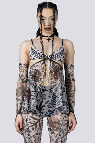 Memento Bloom Mesh Overlay Bra Top Close Up Front Goth Clothing