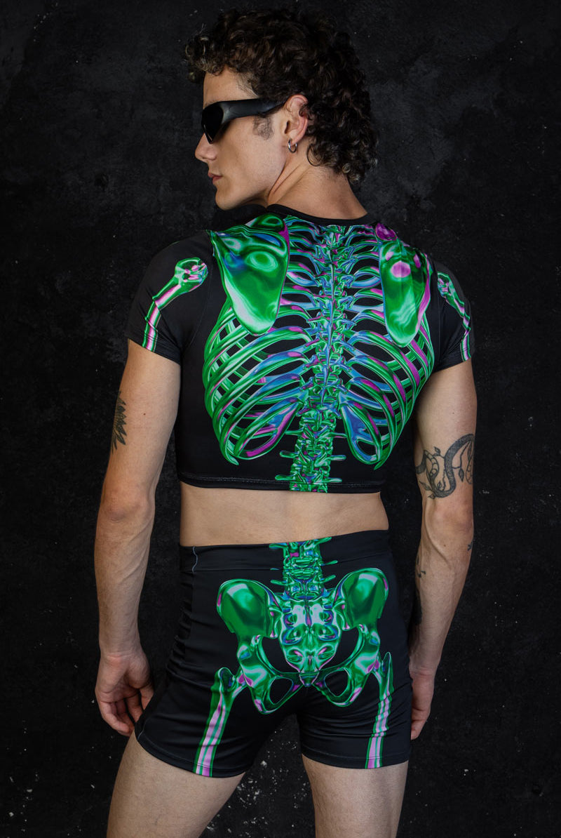 Men's Emerald Skeleton High Waisted Shorts Set Back View