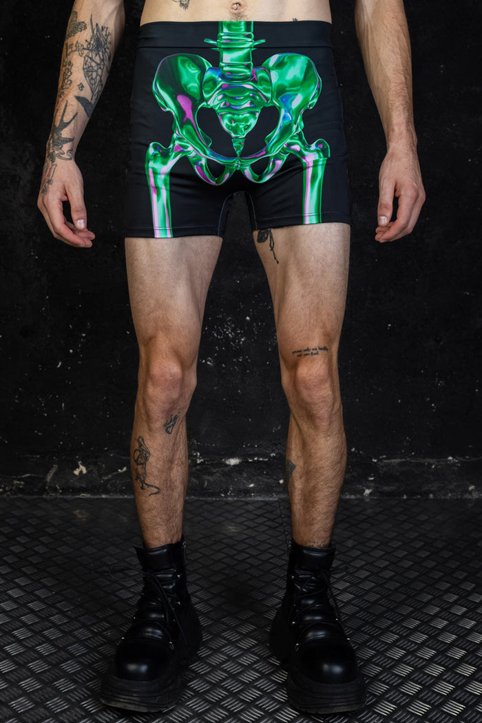 Rave Outfit Men'S Emerald Skeleton High Waisted Shorts Set Close View