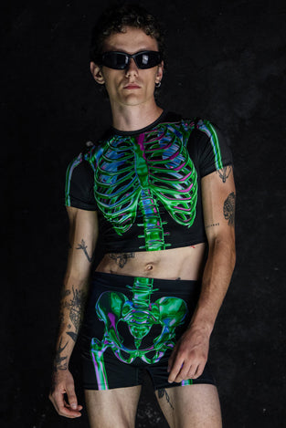 Rave Outfit Men'S Emerald Skeleton High Waisted Shorts Set