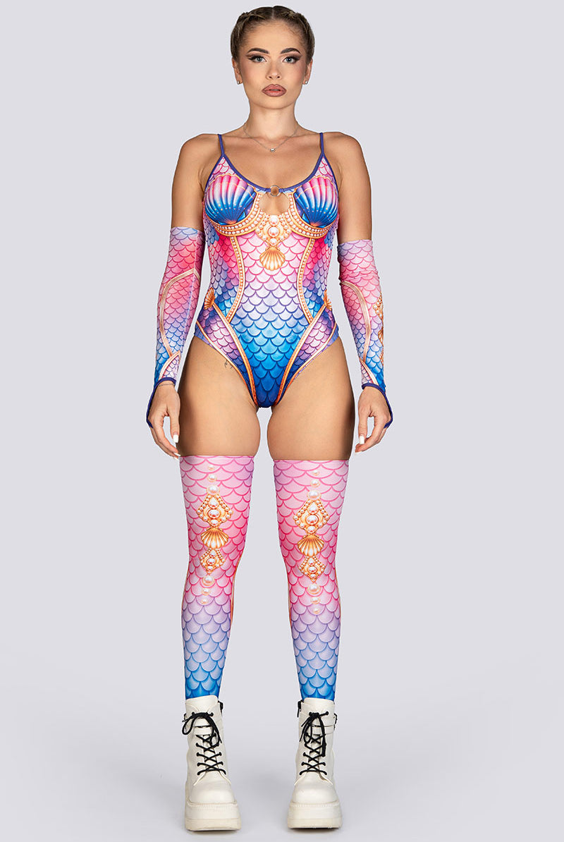 Mermaid Goddess Keyhole Strappy Bodysuit Rave Halloween Costume