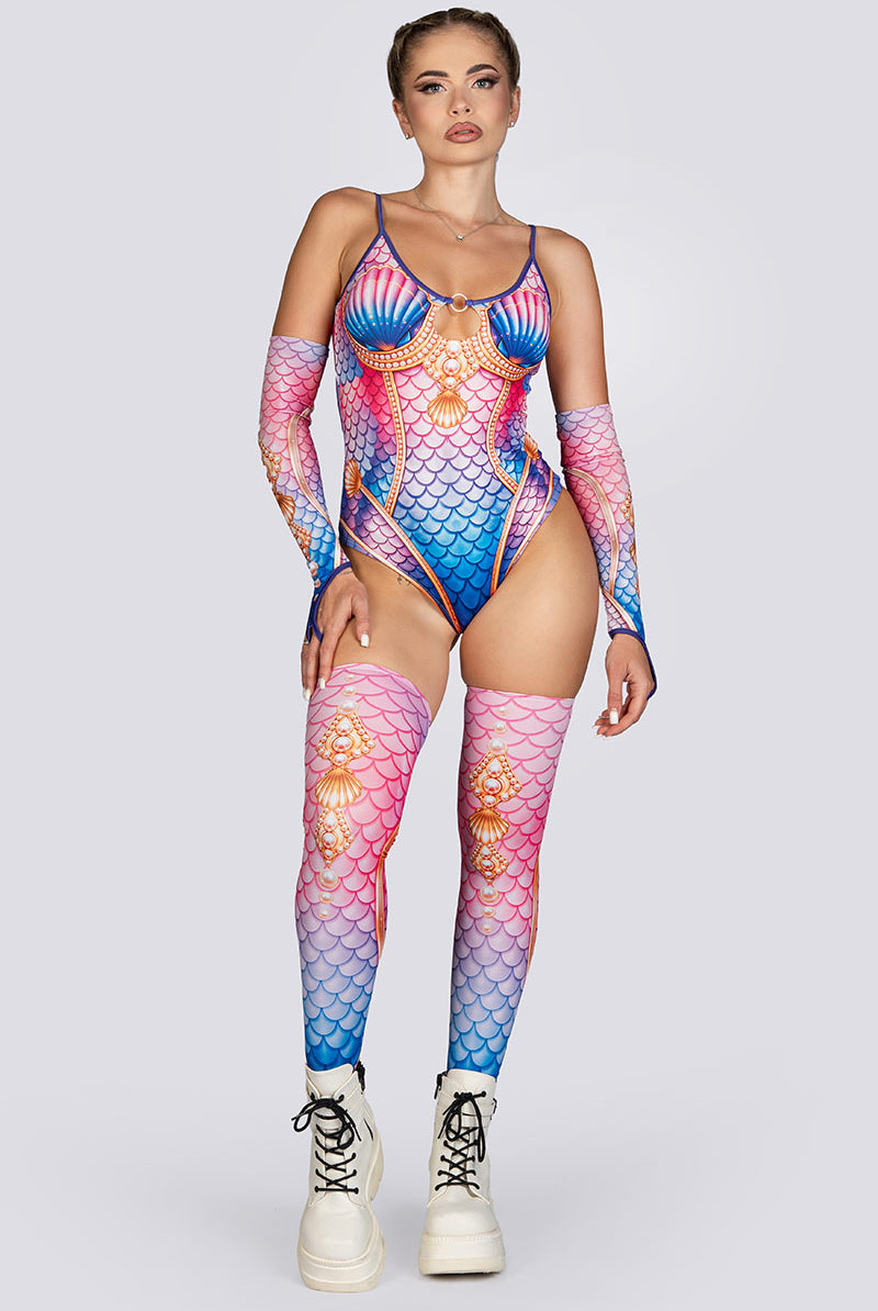 Mermaid Goddess Keyhole Strappy Bodysuit Sexy Rave Halloween Costume